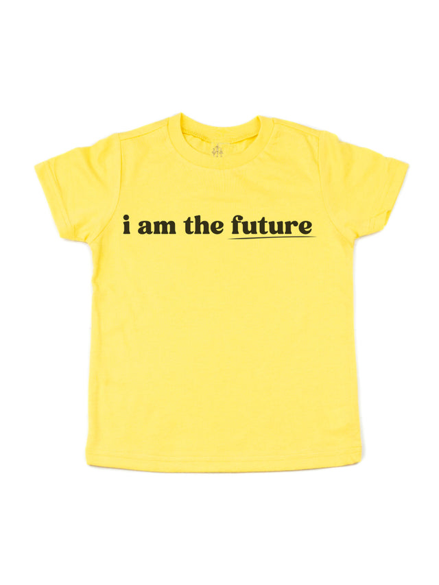 Yellow short sleeve kids shirt with retro writing in black - I am the future