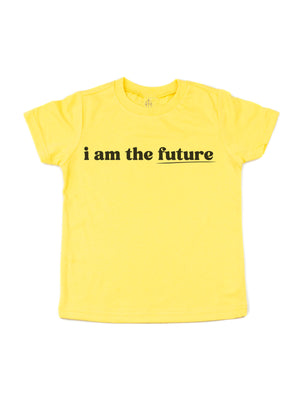 Yellow short sleeve kids shirt with retro writing in black - I am the future