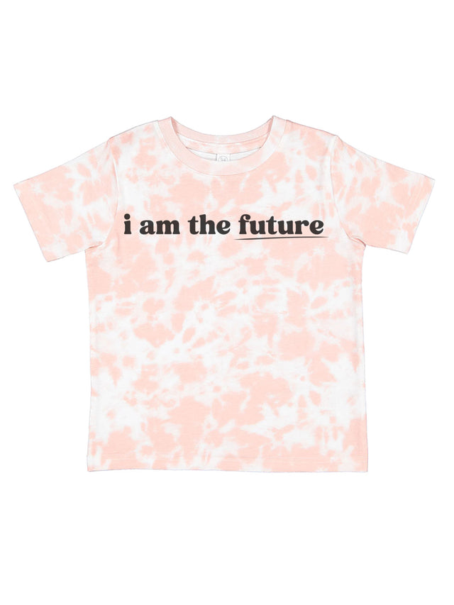 Soft pink tie-dye "I Am the Future" kids’ t-shirt with bold black text, inspiring young leaders.