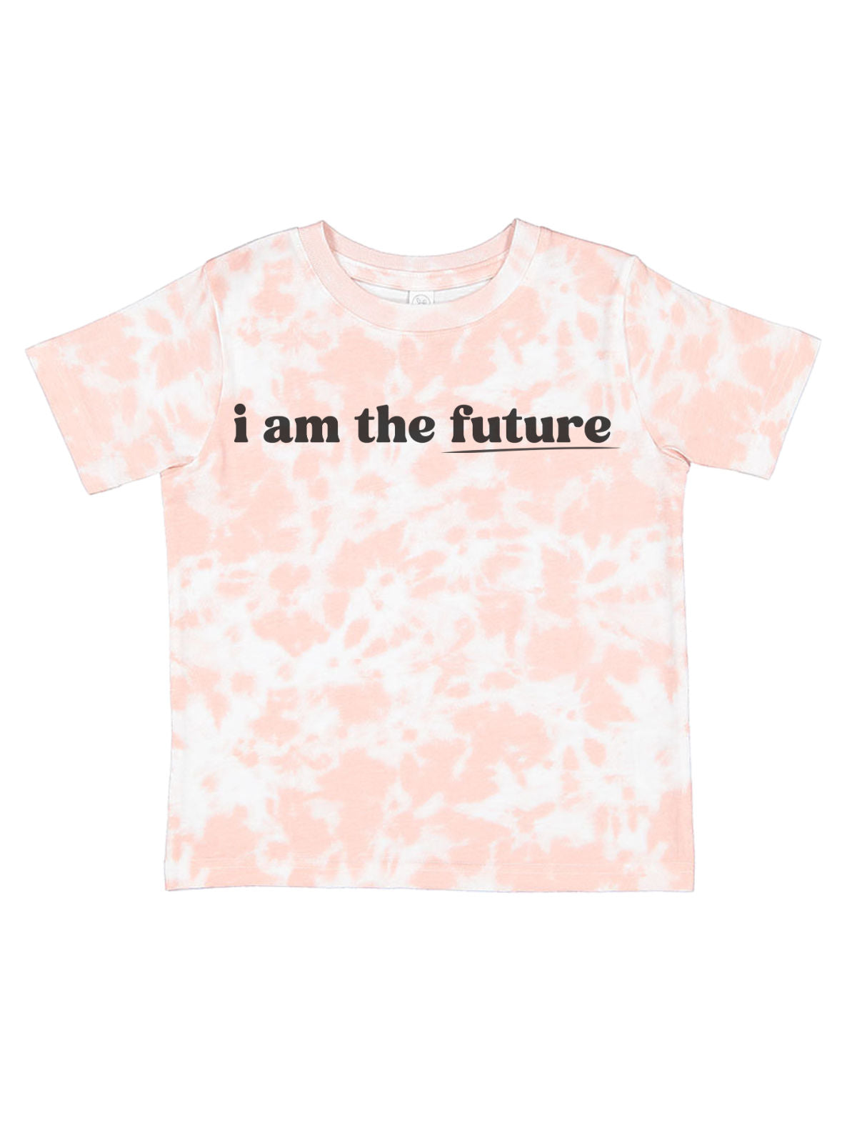 Soft pink tie-dye "I Am the Future" kids’ t-shirt with bold black text, inspiring young leaders.