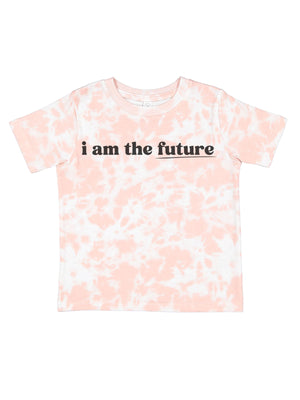 Soft pink tie-dye "I Am the Future" kids’ t-shirt with bold black text, inspiring young leaders.