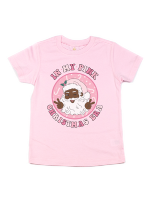 In My Pink Christmas Era Kids Black Santa Holiday Shirt