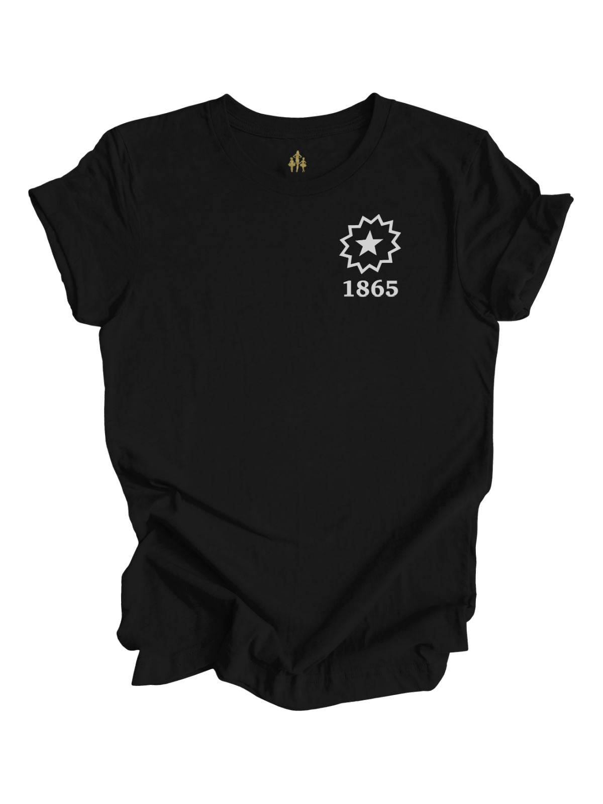 Black Juneteenth shirt with white sunburst and “1865” on front; Galveston, TX “The Real Independence Day” design on the back in white.