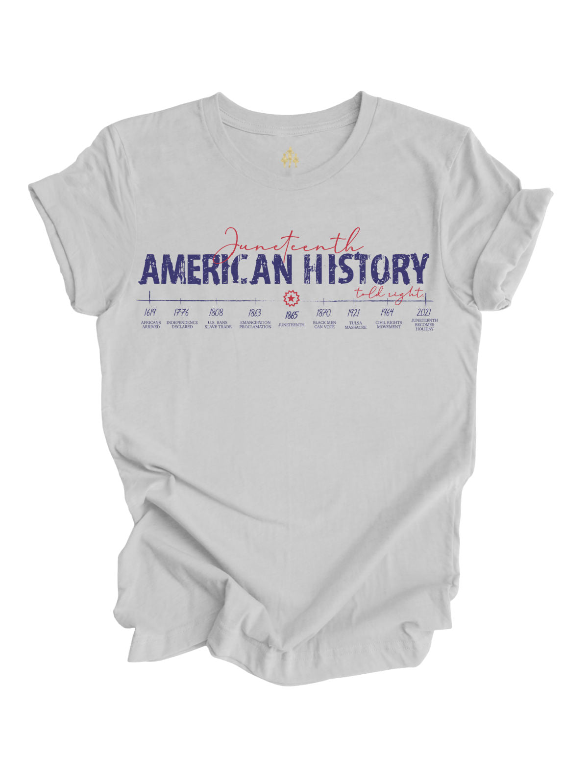 Adult gray Juneteenth t-shirt with red and blue "American History Told Right" timeline design