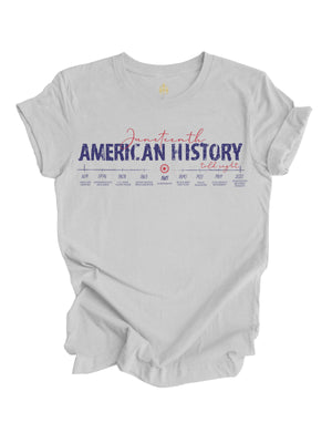Adult gray Juneteenth t-shirt with red and blue "American History Told Right" timeline design