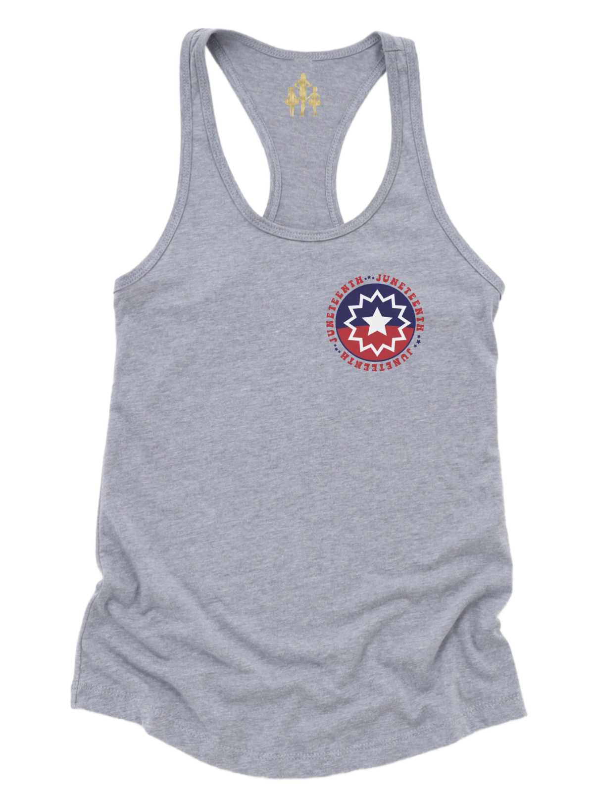 Heather gray women’s racerback tank top with Juneteenth flag chest design – Black-owned Juneteenth apparel by Mackenzie Madison of Philadelphia.