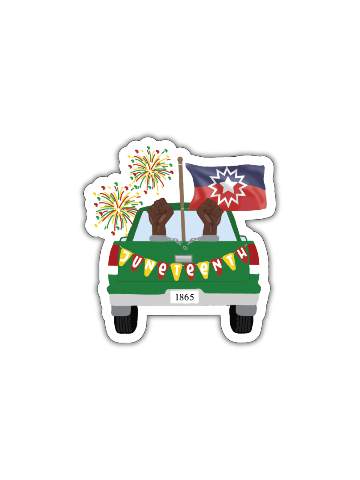 Green pickup truck Juneteenth sticker with fireworks and raised fists