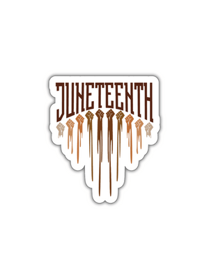 Brown tones Juneteenth sticker with raised fists and bold "Juneteenth" lettering