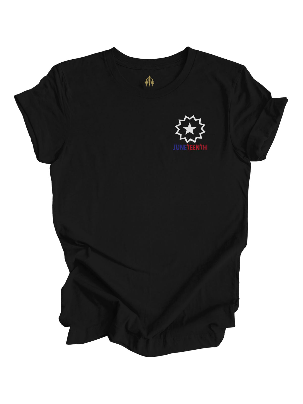 Black adult Juneteenth shirt with pocket star burst design on front and raised fist in Juneteenth flag colors on the back with text “Freedom Ain’t Free, Ask My Ancestors”