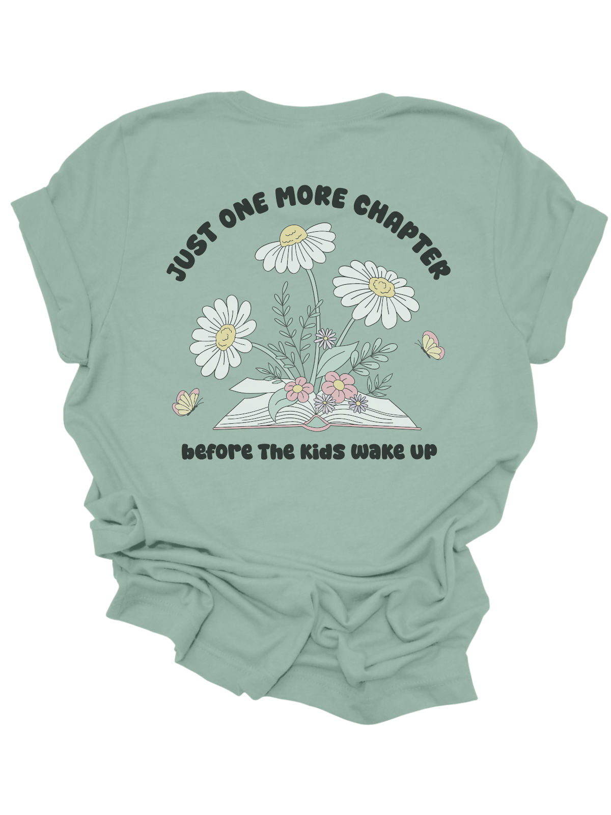 Front view of dusty blue “Bookish Mama” floral t-shirt with book and daisy design.
