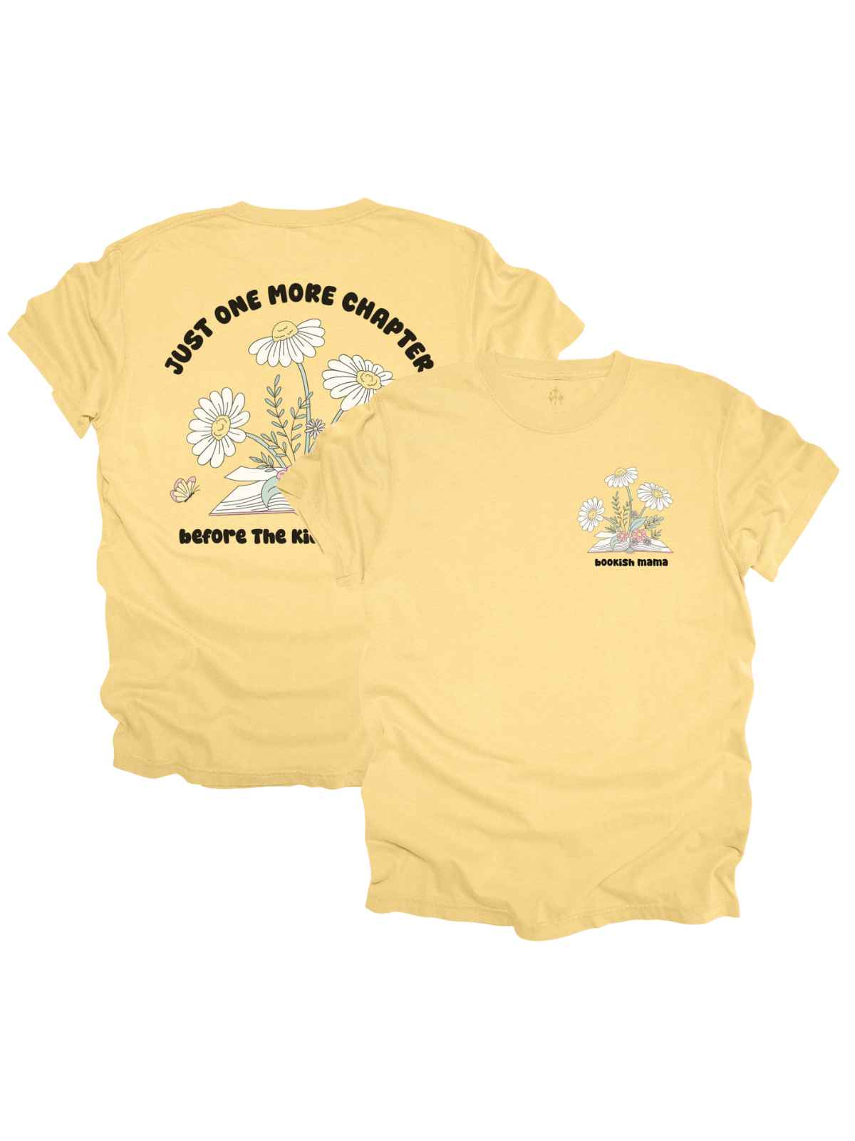 Bookish Mama banana yellow t-shirt with floral pocket design