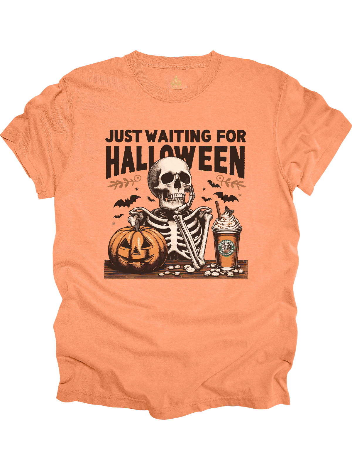 Adult Just Waiting for Halloween Skeleton Pumpkin Shirt in Cantaloupe