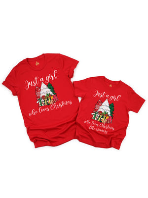 Just a girl who loves Christmas mommy and me matching holiday shirts in red