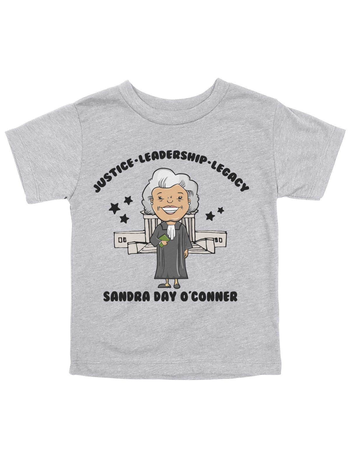 Heather gray kids' Sandra Day O’Connor t-shirt featuring a cartoon illustration of the Supreme Court Justice with the words "Justice • Leadership • Legacy."