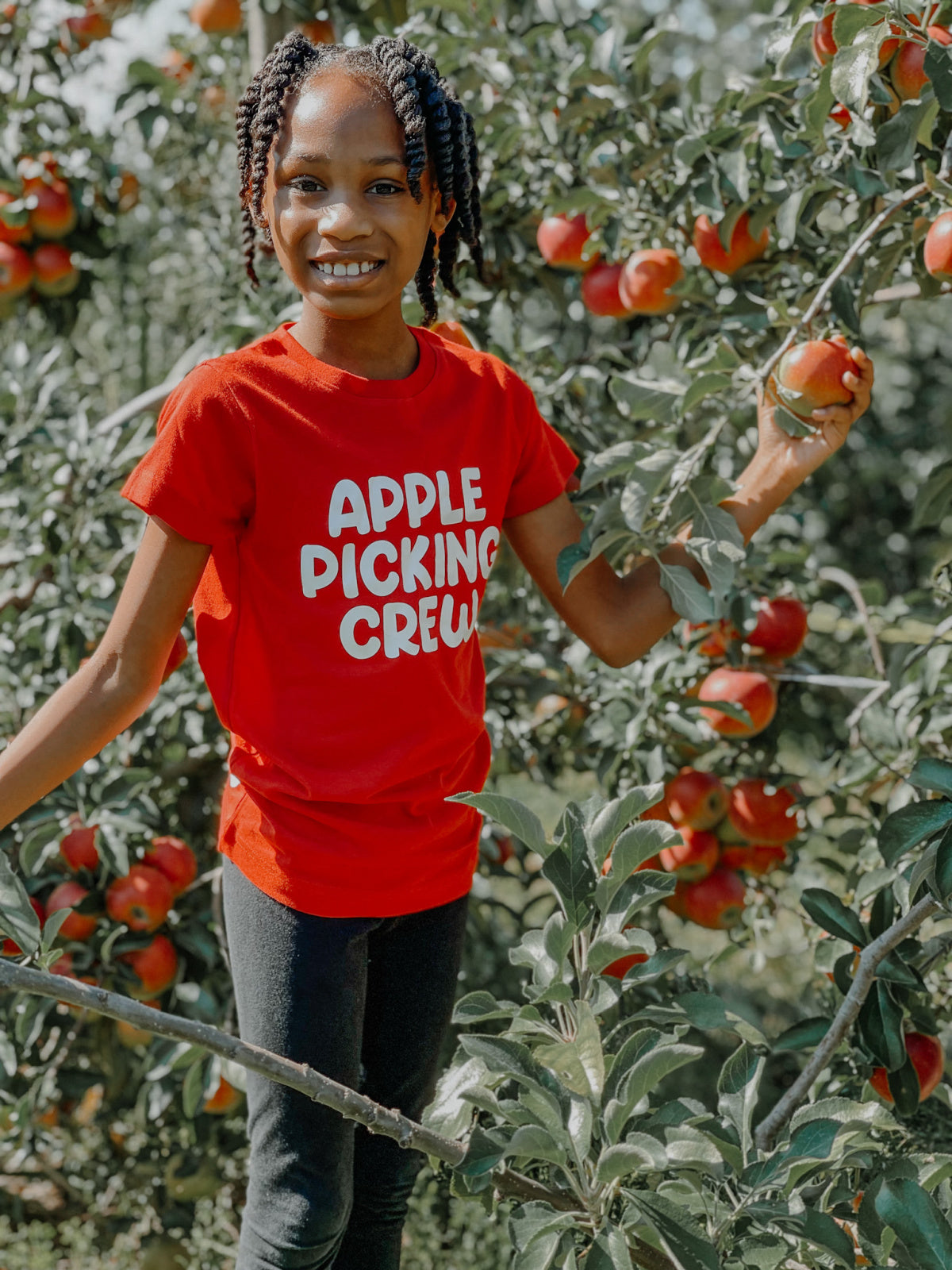 Matching red Apple Picking Crew shirts for family – apple orchard fall photo outfit