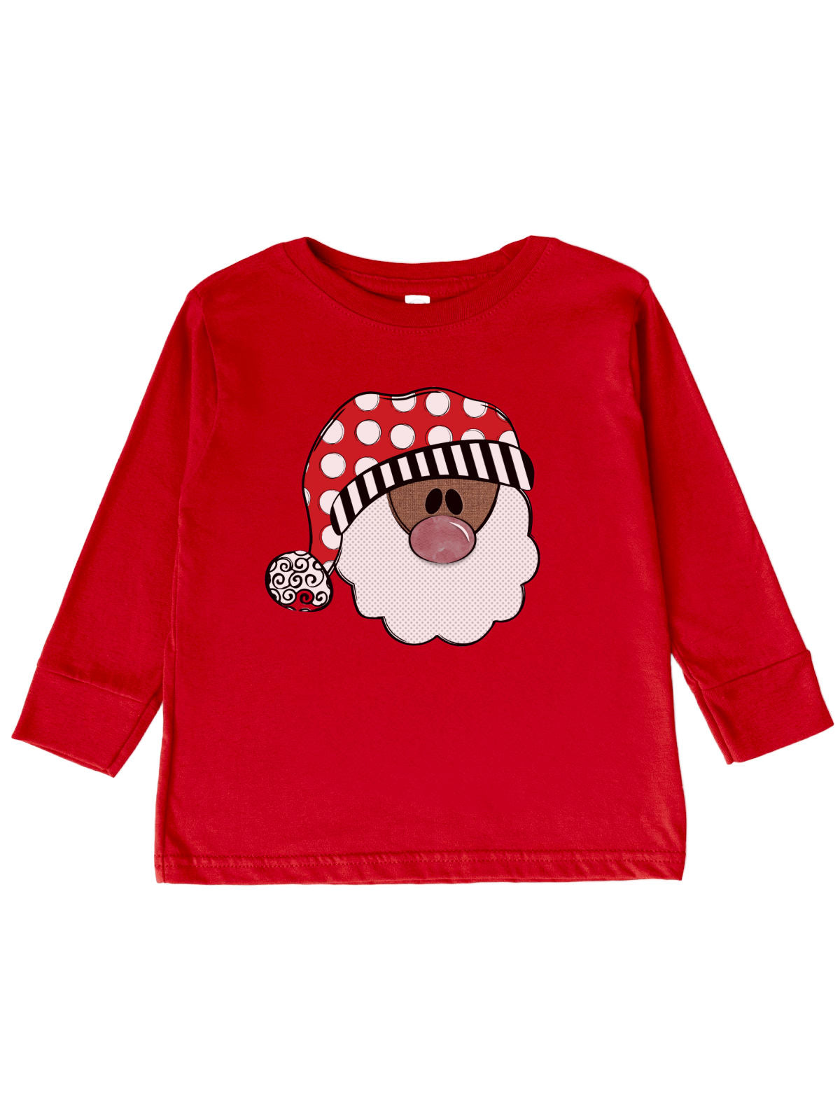 Long sleeve kids natural beige t-shirt with black santa in polka dot hat