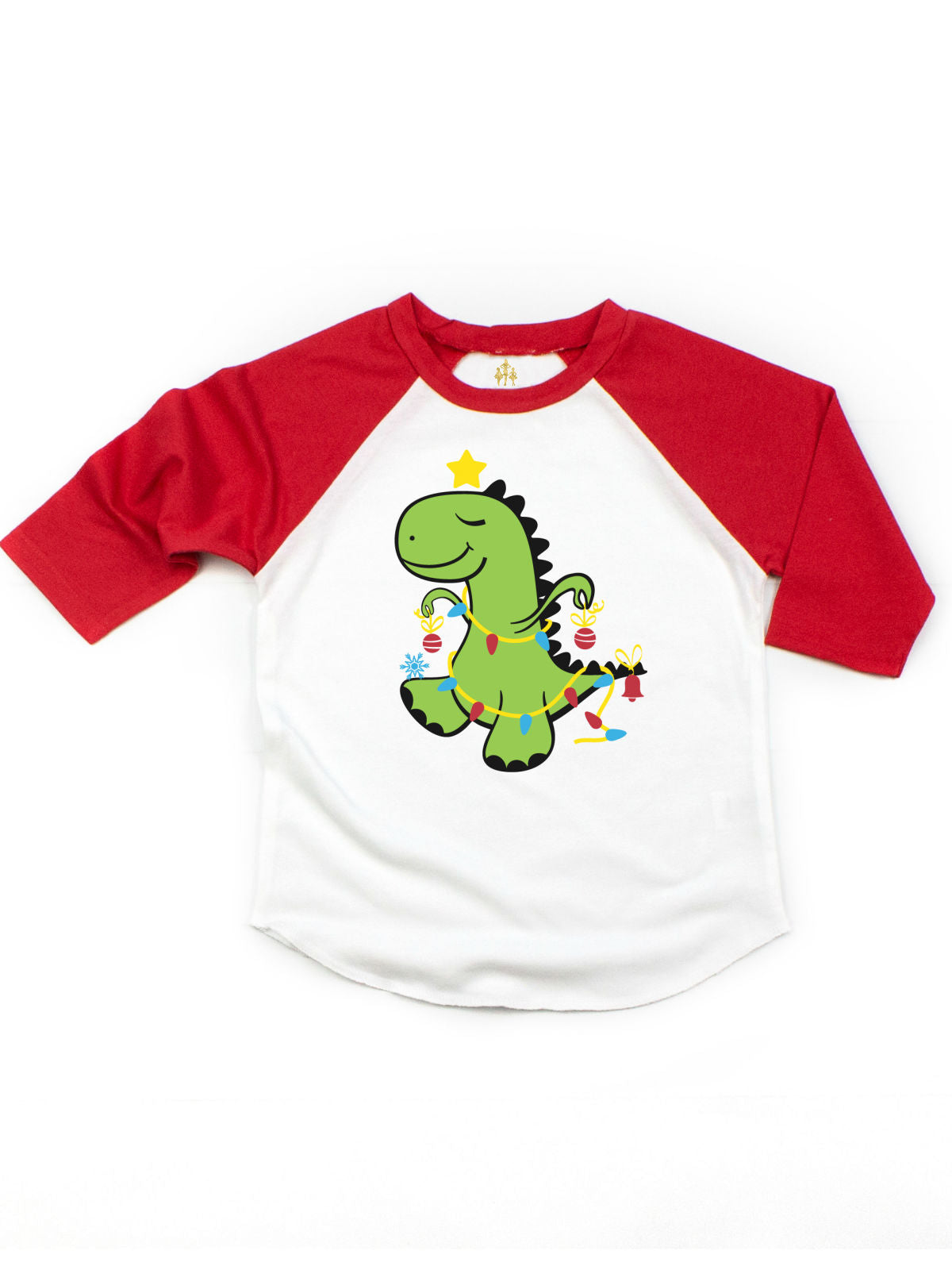 Red and white kids raglan t-shirt with dinosaur wrapped in string lights personalized with name and age