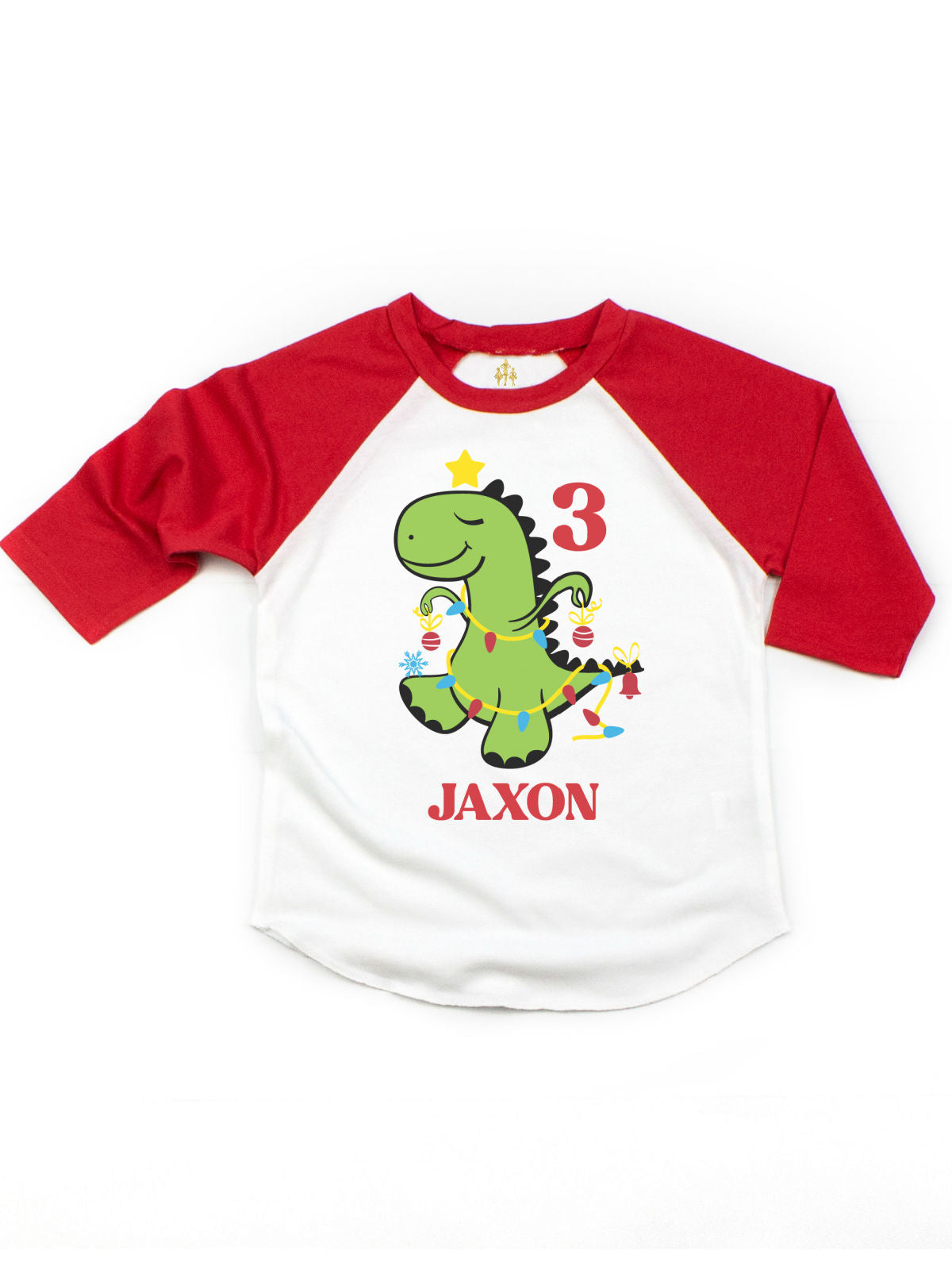 Red and white kids raglan t-shirt with dinosaur wrapped in string lights personalized with name and age