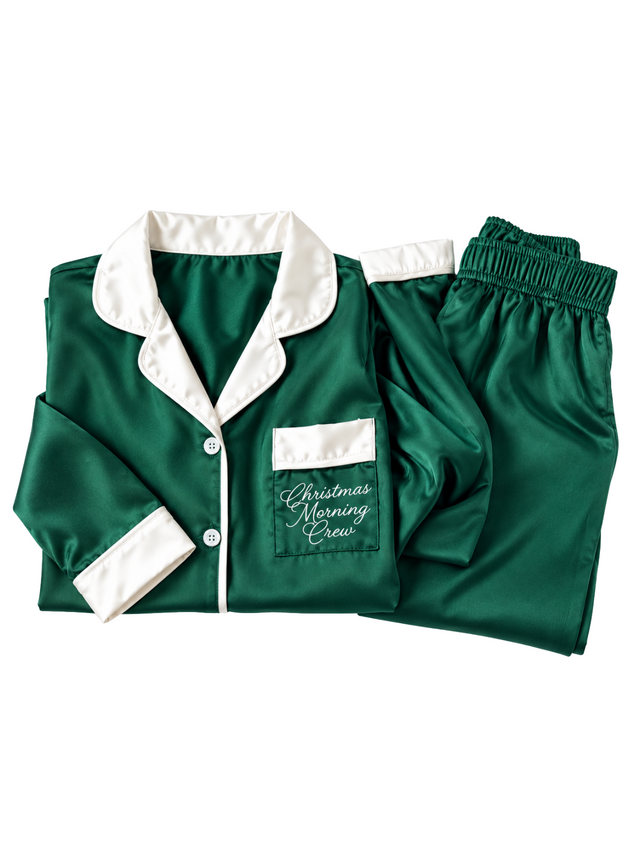 Satin green and cream Christmas lounge set that read Christmas Morning Crew