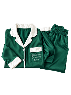 Satin green and cream Christmas lounge set that read Christmas Morning Crew