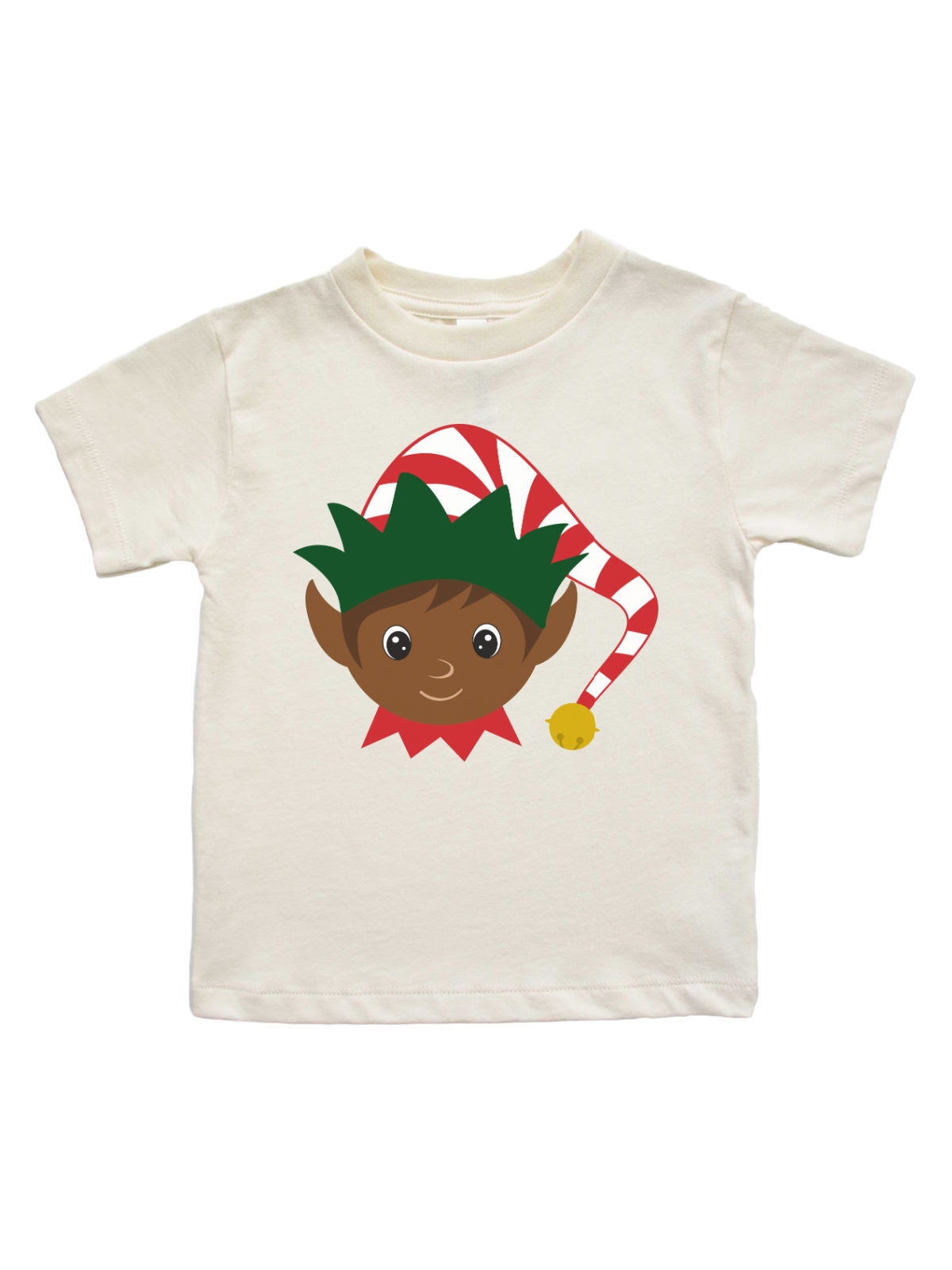 short sleeve natural kids t-shirt with African American elf in red hat