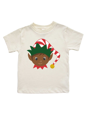 short sleeve natural kids t-shirt with African American elf in red hat