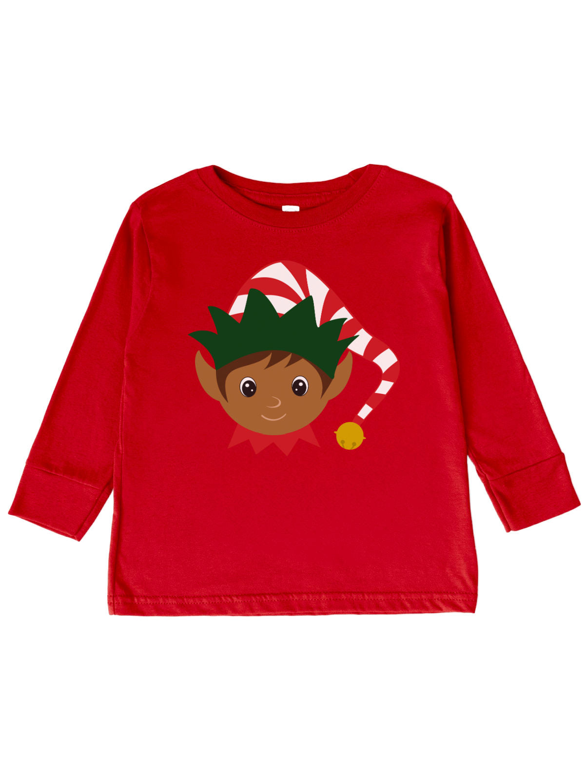 Long sleeve red kids shirt with brown elf face in hat