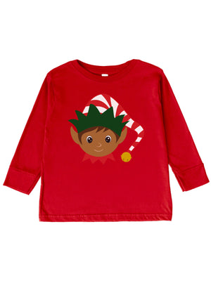 Long sleeve red kids shirt with brown elf face in hat