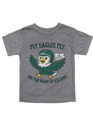 A toddler's heather gray short-sleeve t-shirt featuring a green and white graphic of an eagle mascot in a football helmet with the text 'FLY EAGLES FLY ON THE ROAD TO VICTORY' and a small 'GO BIRDS' banner.