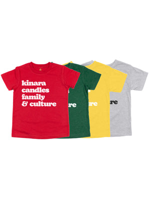 short sleeve kids Kwanzaa shirts red, green, yellow, and heather gray colors