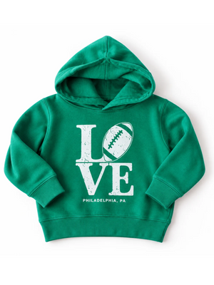 Kids Love Football Green Hoodie with white distressed design