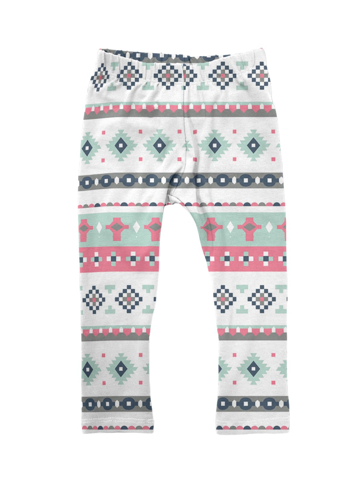 Pastel Aztec Kids Leggings – Soft cotton leggings in pink, mint, and navy with a fun tribal print. Handmade, comfy, and perfect for matching with mom.
