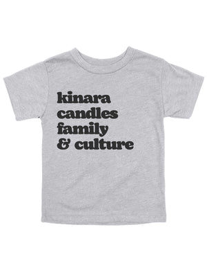 Short sleeve kids t shirt that reads kinara, candles, family and culture