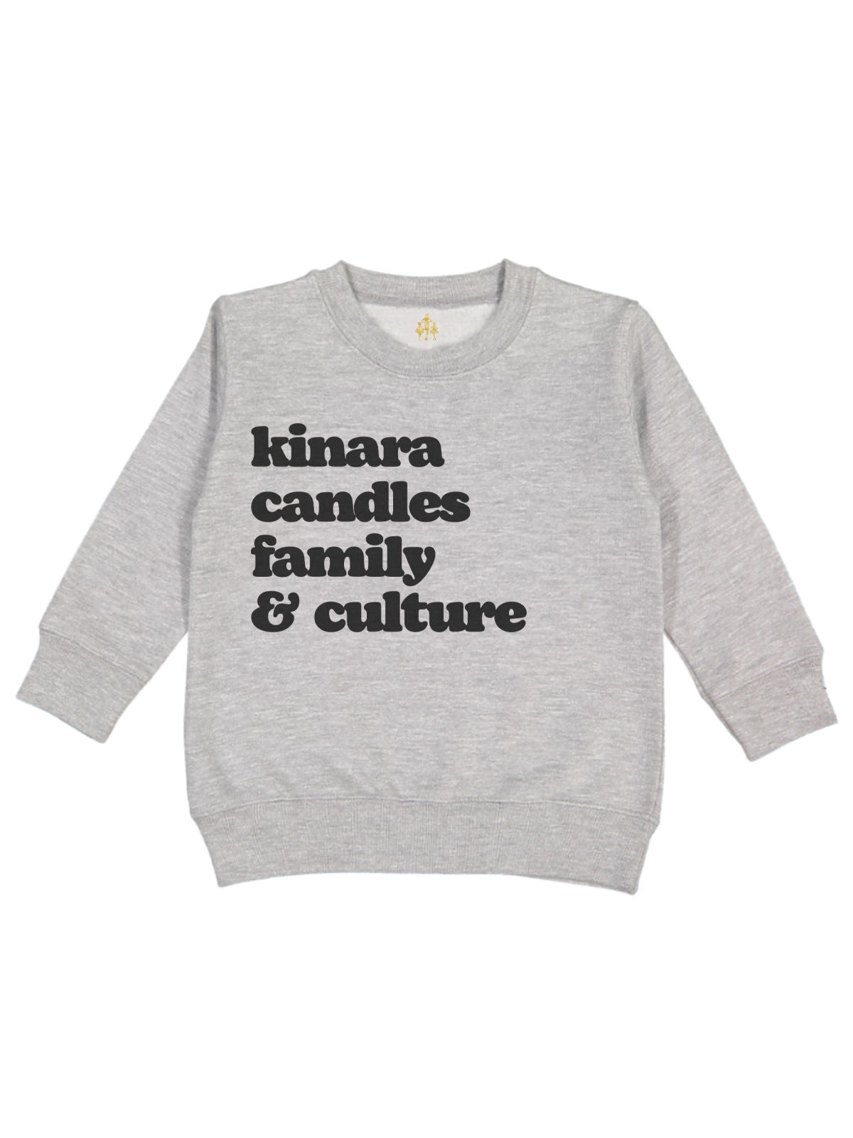 Kids long sleeve heather gray Kwanzaa sweatshirt that reads Kinara, Candles, Family and Culture in a retro font