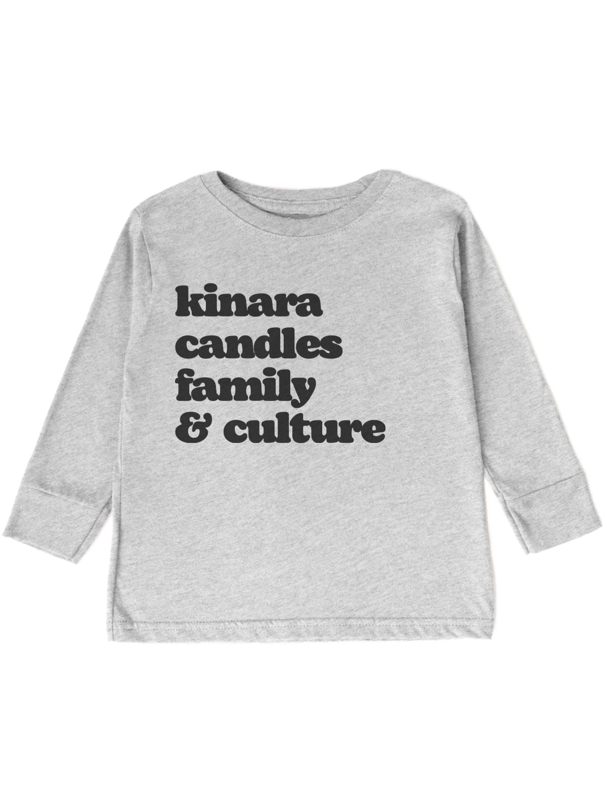 Long sleeve heather gray kids Kwanzaa shirt that reads Kinara Candles Family and Culture