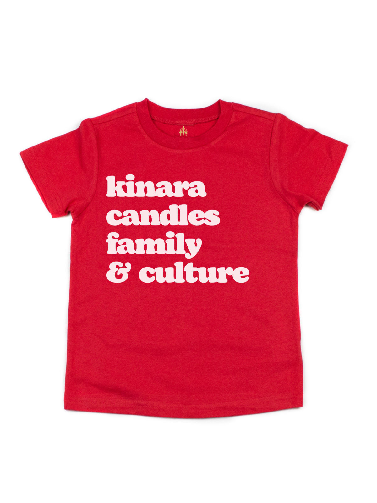 Short sleeve red kids t shirt that reads kinara, candles, family, and culture