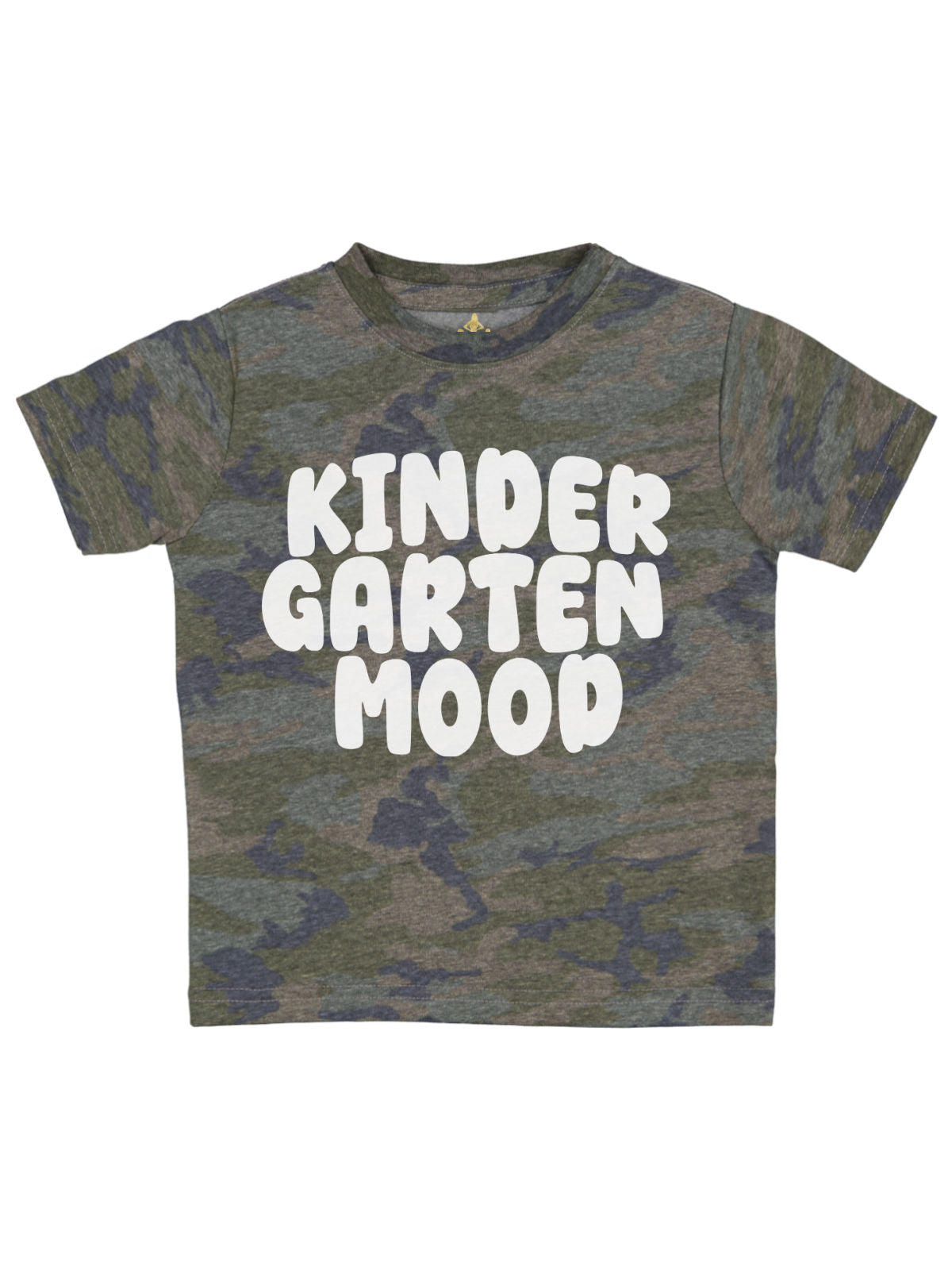 Boys vintage camouflage t-shirt with bold white “Kindergarten Mood” text for back to school