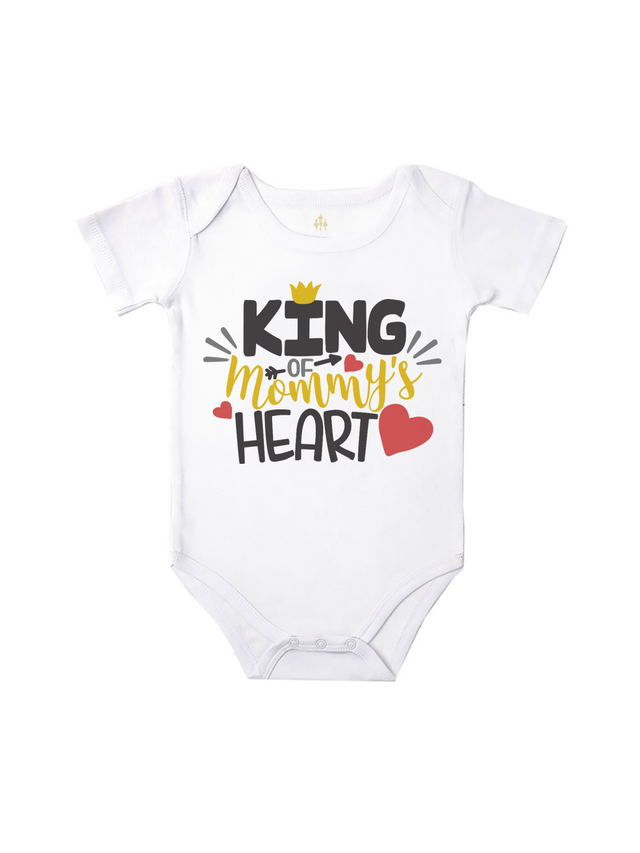 Short sleeve white infant bodysuit that says King of Mommy's Heart in black, gold, and red.