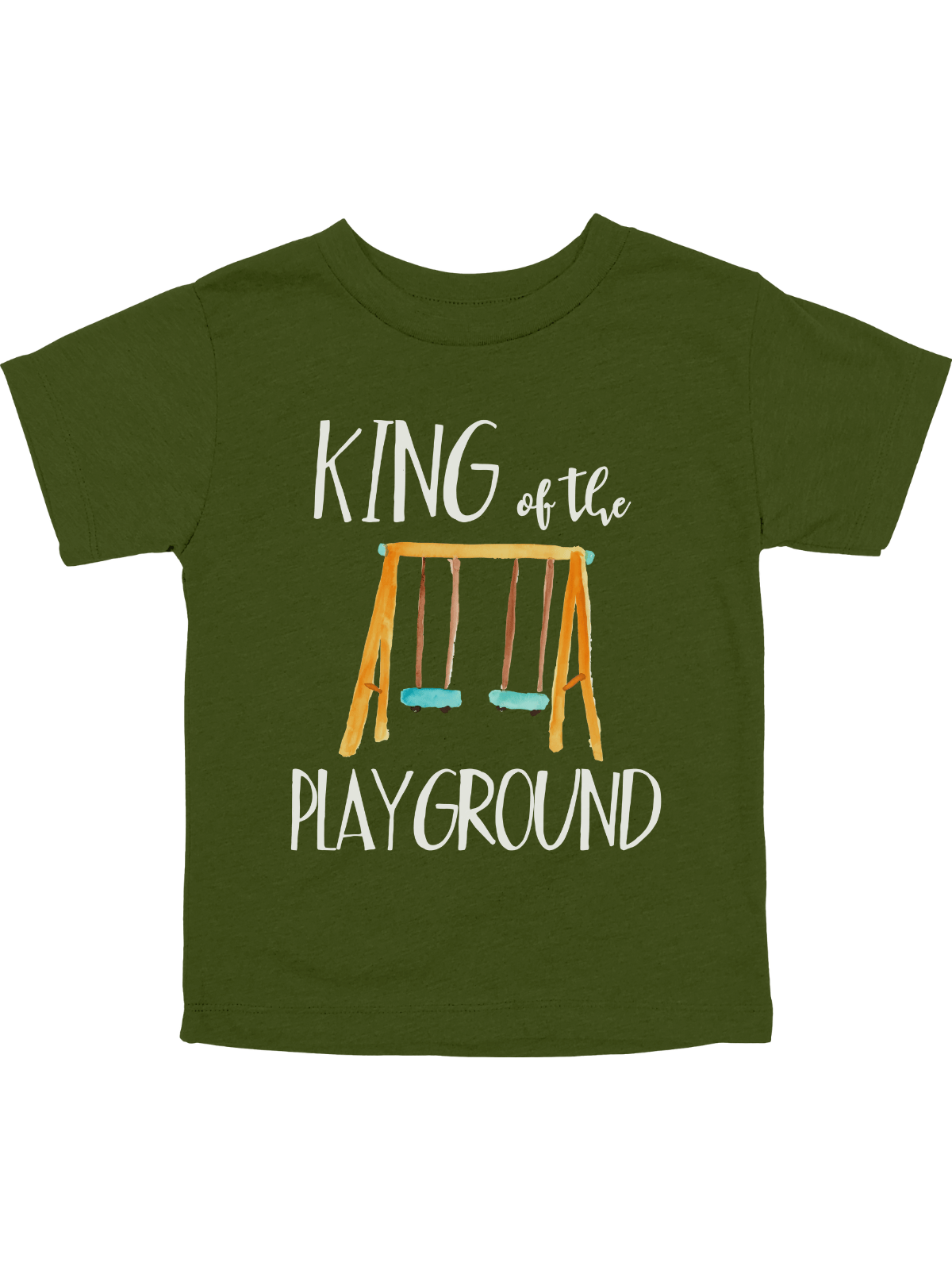 King of the Playground olive green boys back to school shirt with swing set graphic by Mackenzie Madison of Philadelphia