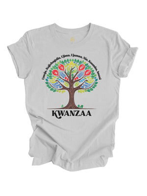 short sleeve heather gray natural adult t shirt with seven principals of Kwanzaa African tree