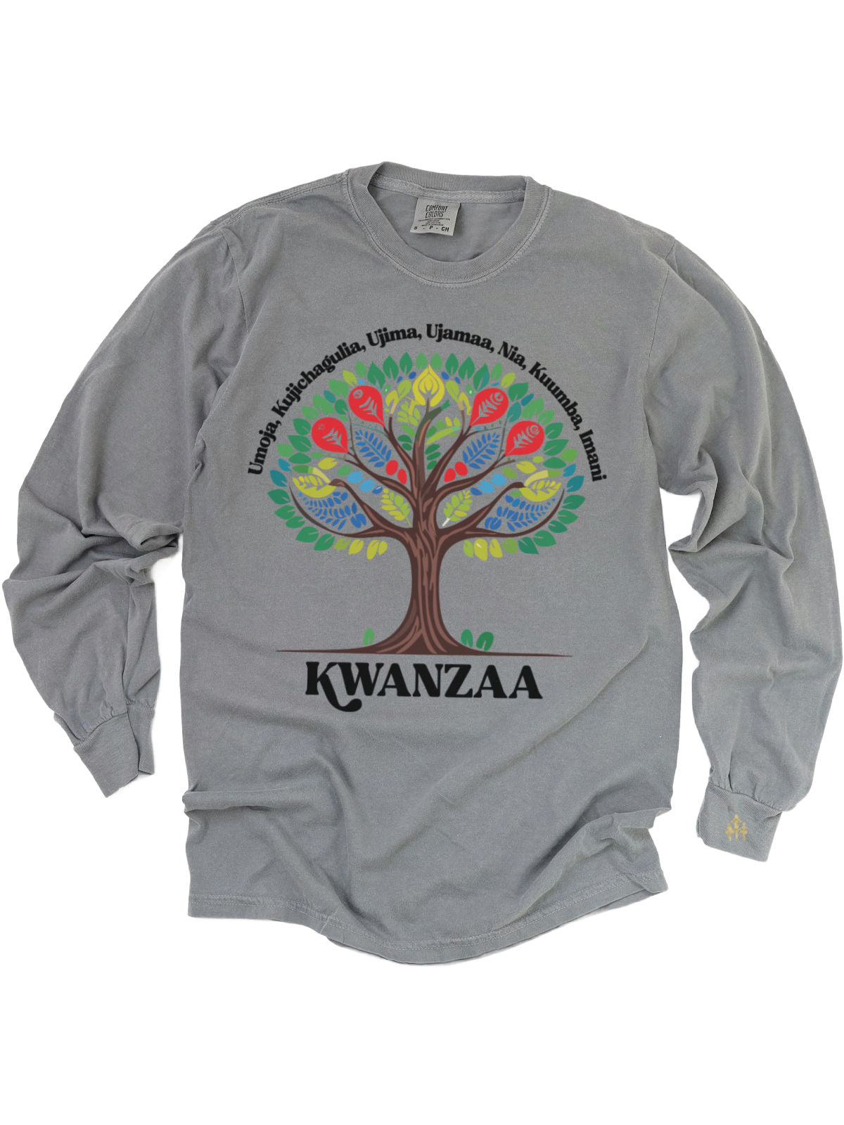 short sleeve heather gray natural adult t shirt with seven principals of Kwanzaa African tree