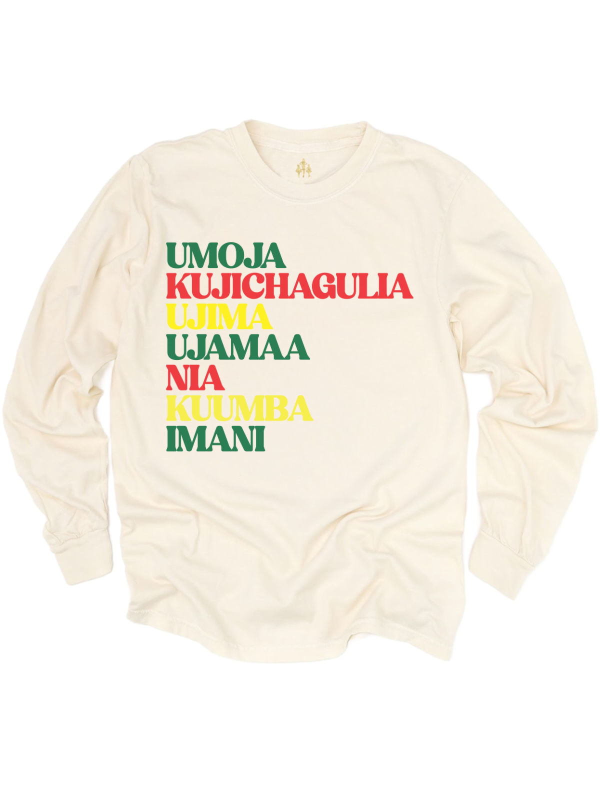 long sleeve natural adult t shirt with seven principals of Kwanzaa: Umoja, Kujichagulia, Ujima, Ujamaa, Nia, Kuumba, Imani