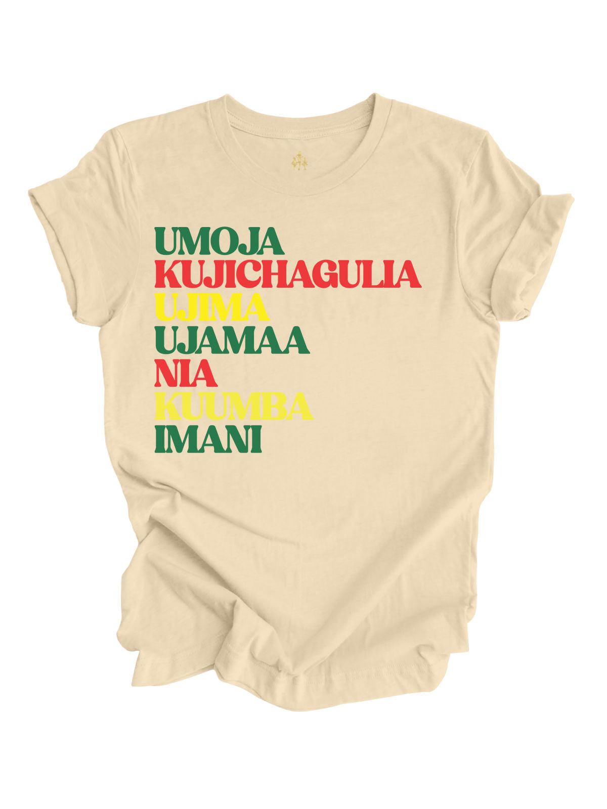 long sleeve natural adult t shirt with seven principals of Kwanzaa: Umoja, Kujichagulia, Ujima, Ujamaa, Nia, Kuumba, Imani