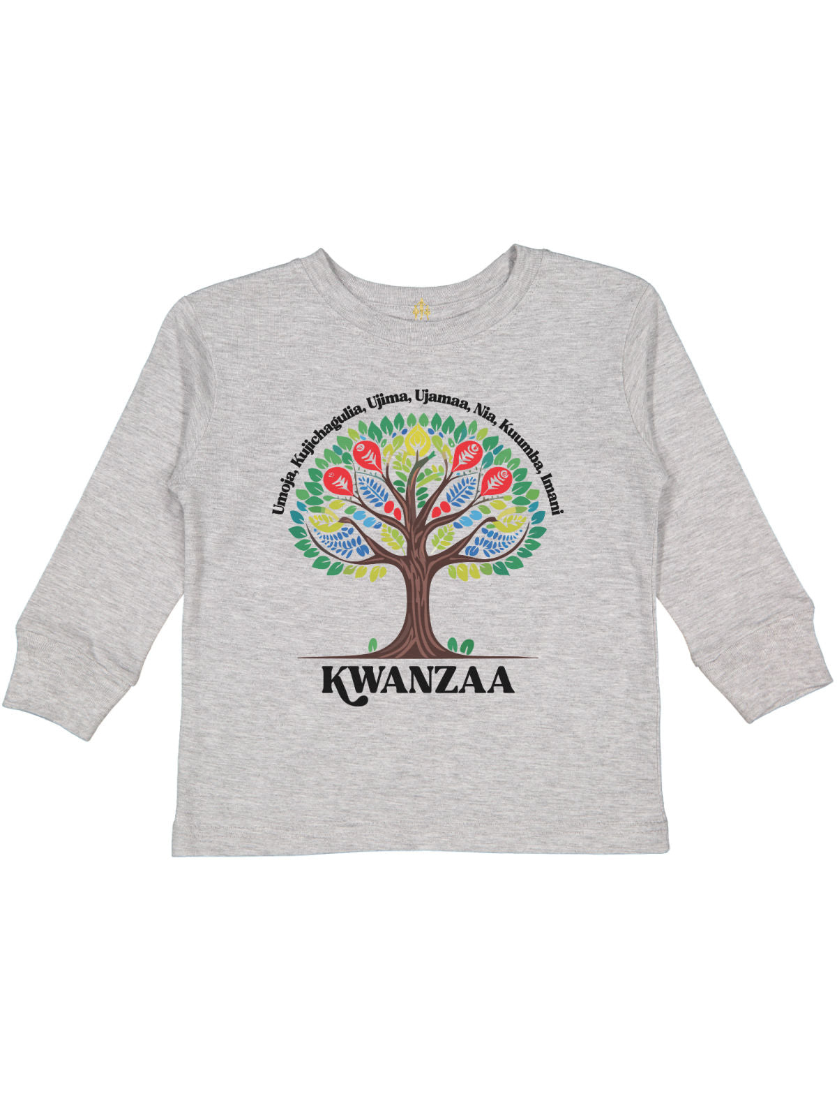 short sleeve heather gray kids t shirt with vibrant African style Kwanzaa tree