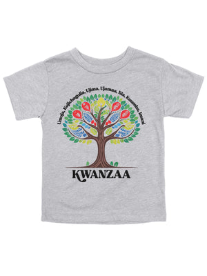 short sleeve heather gray kids t shirt with vibrant African style Kwanzaa tree