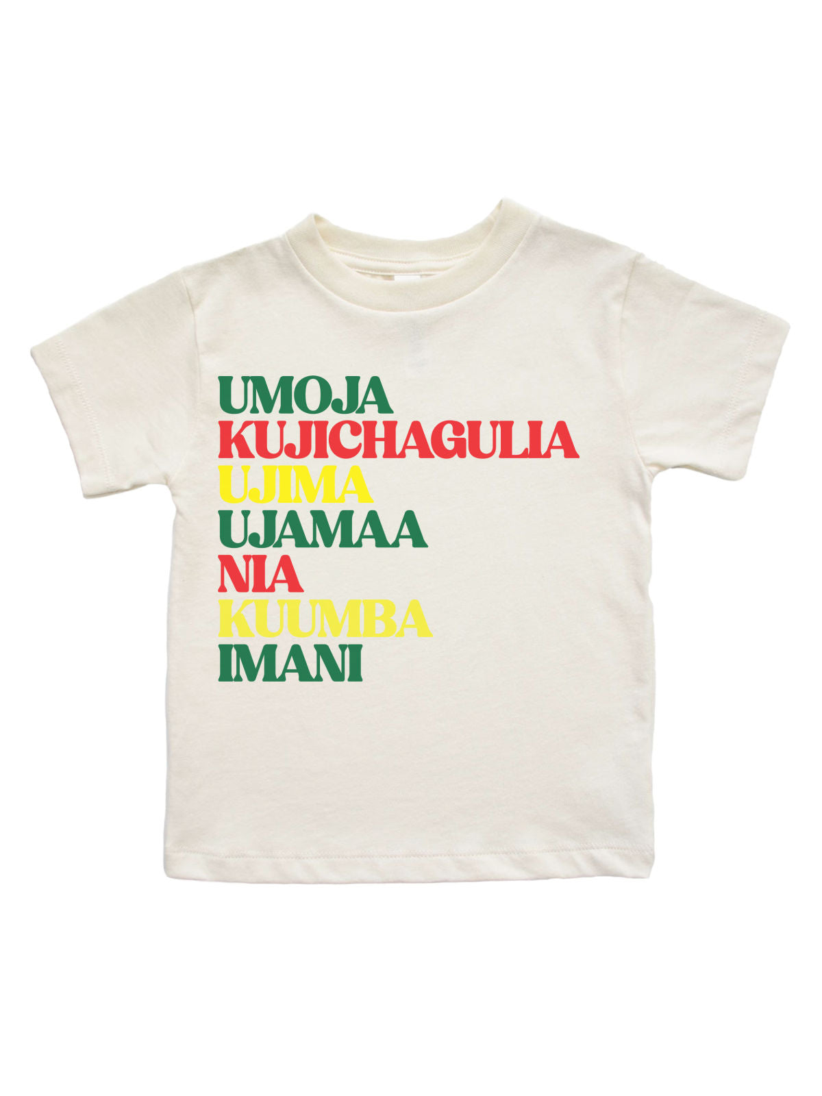 short sleeve kids natural t shirt with seven principals of Kwanzaa: Umoja, Kujichagulia, Ujima, Ujamaa, Nia, Kuumba, and Imani