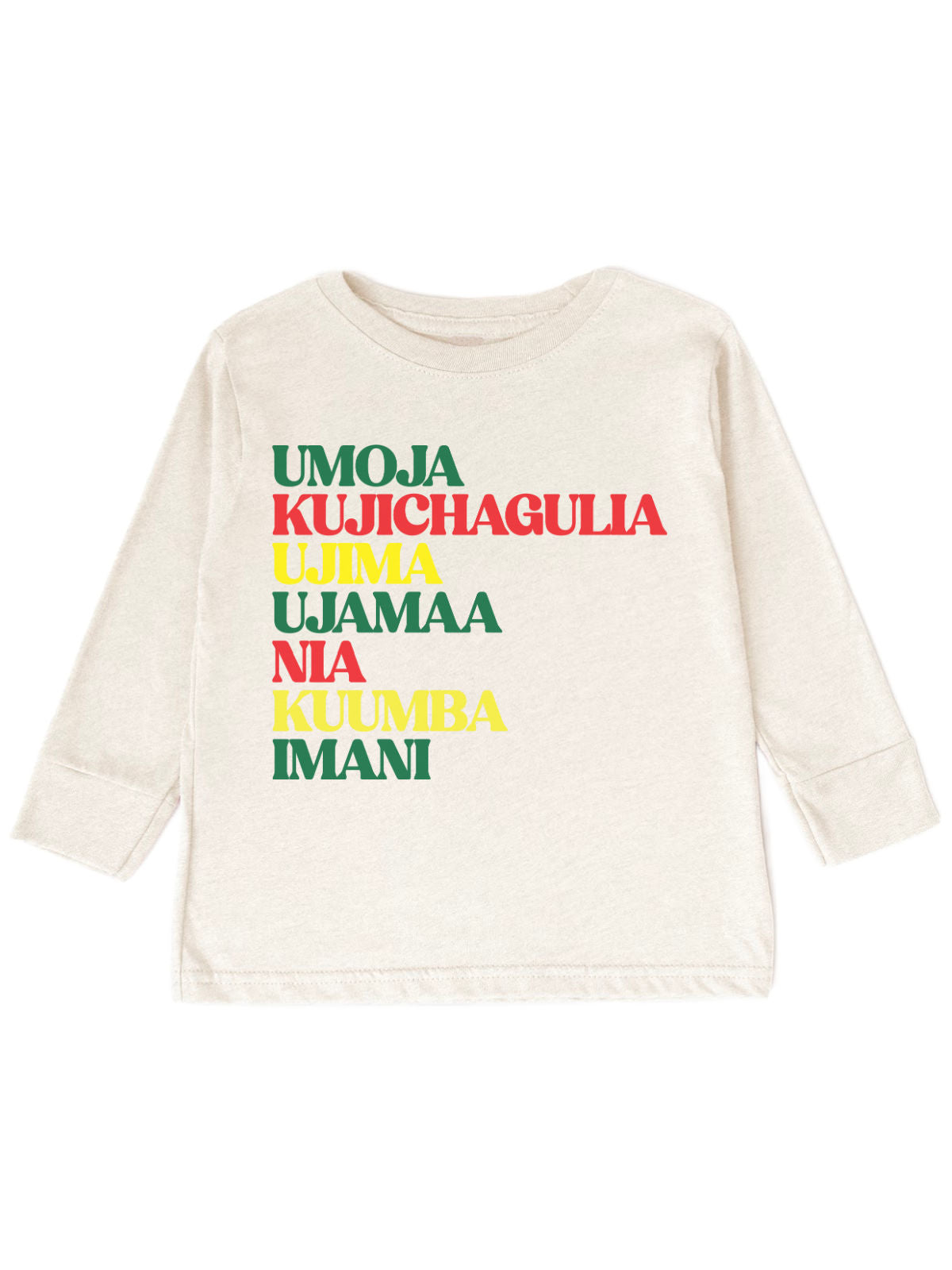 short sleeve kids natural t shirt with seven principals of Kwanzaa: Umoja, Kujichagulia, Ujima, Ujamaa, Nia, Kuumba, and Imani