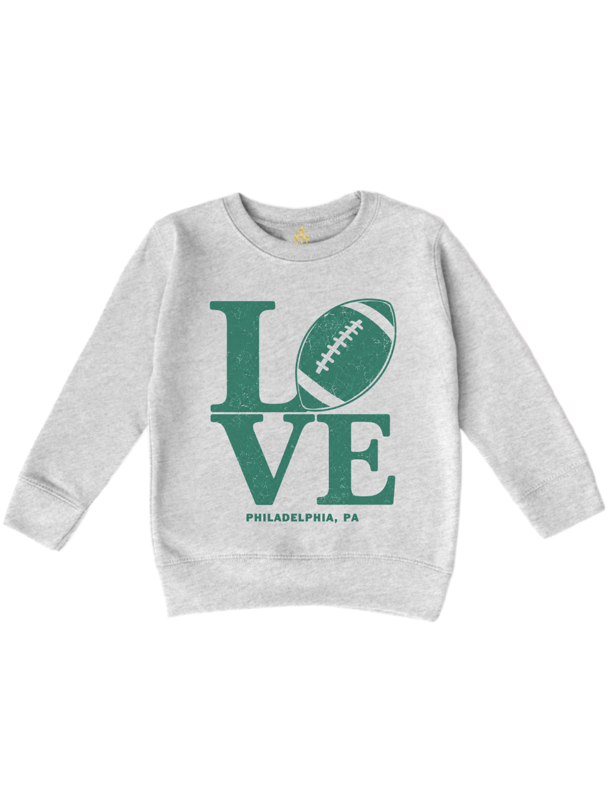 A light heather gray long-sleeve sweatshirt with a green graphic on the front that spells 'LOVE' using a football and letters, with 'PHILADELPHIA, PA' printed below.