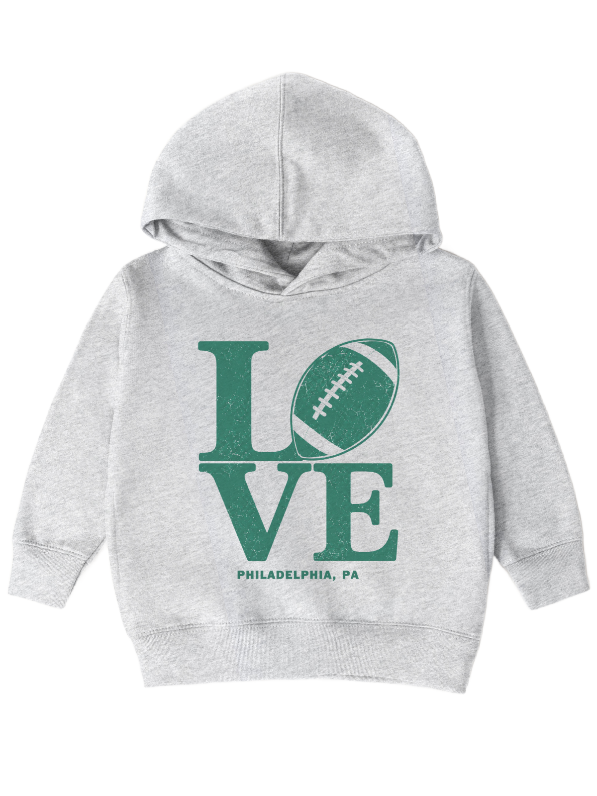 A light heather gray toddler hoodie with a green graphic on the front that spells 'LOVE' using a football and the word 'LOVE', with 'PHILADELPHIA, PA' printed below.