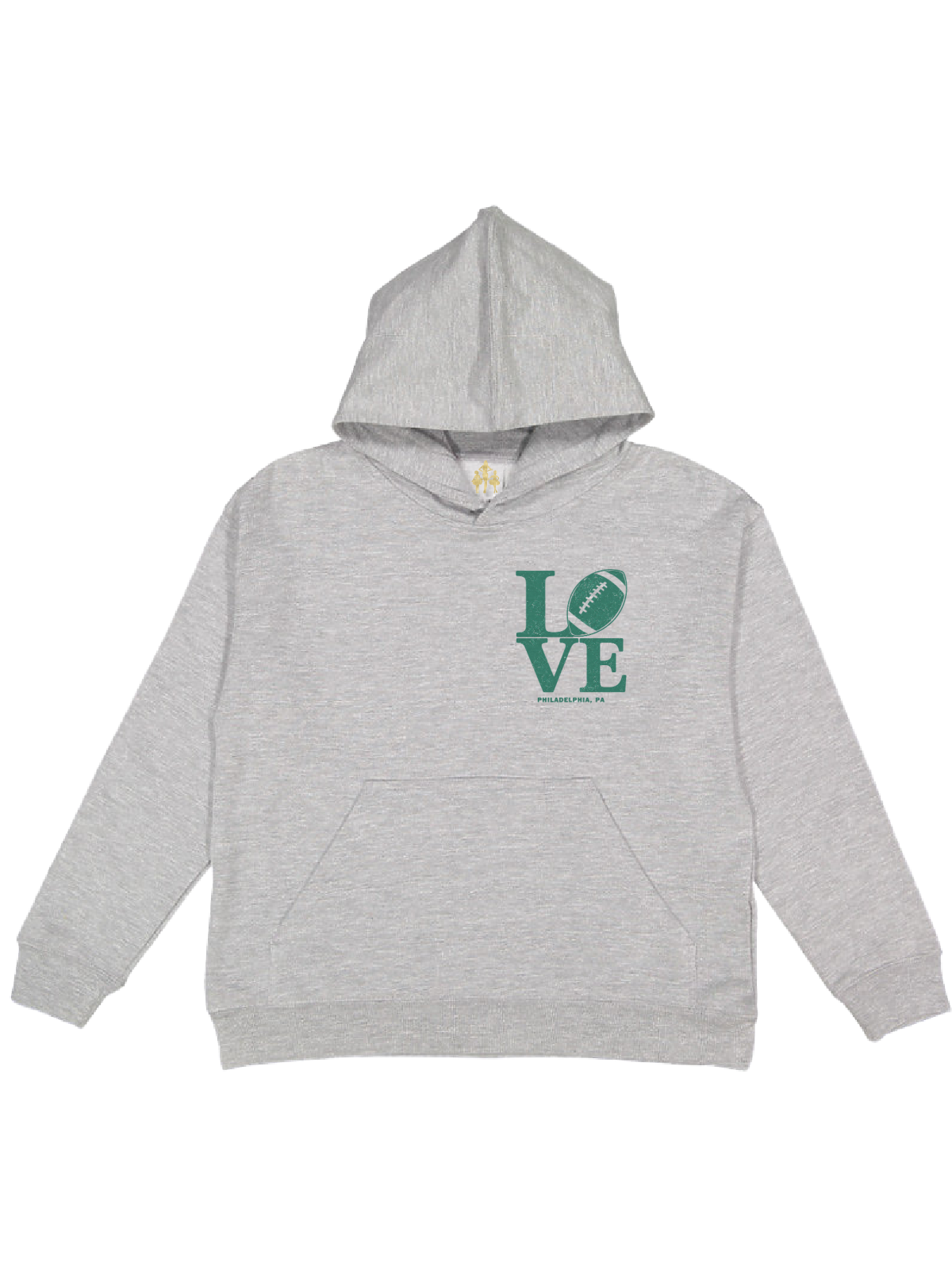 A light heather gray pullover hoodie with a green graphic on the chest spelling 'LOVE' where the 'O' is a football, shown on a plain white background.